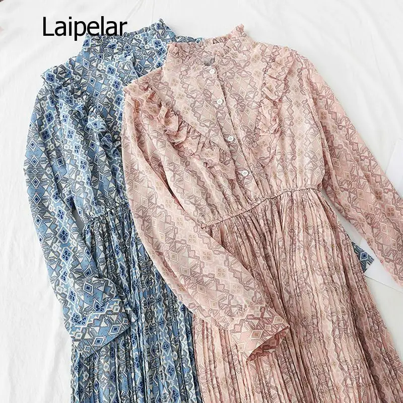 

Elegant Stand Collar Ruffles Women Dress Long Sleeve Plaid Female Chiffon Pleated Dress 2020 Spring Vestidos Femme