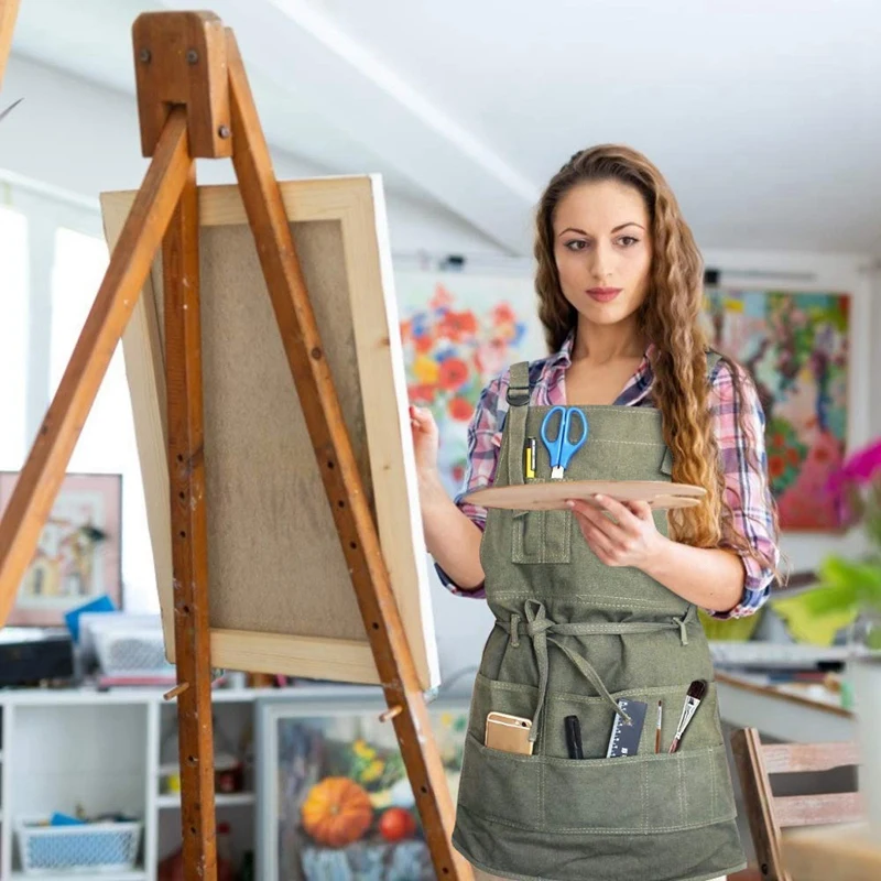 

Artist Canvas Apron with Pockets Painting Apron Painter Adjustable Neck Strap Waist Ties Gardening Waxed Aprons for Women Men Ad