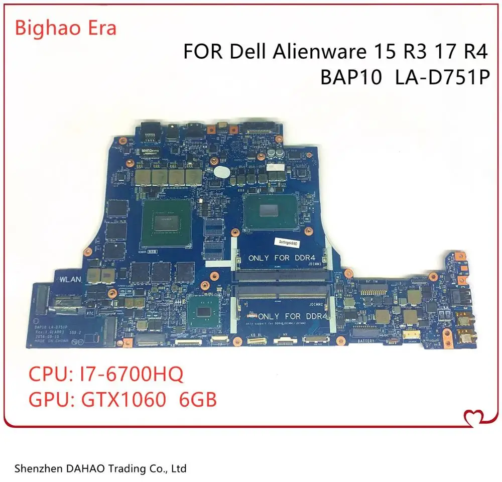 

JHRTF 0JHRTF CN-0JHRTF For DELL Alienware 15 R3 17 R4 Laptop Motherboard BAP10 LA-D751P With i7-6700HQ GTX1060 6GB 100% Tested