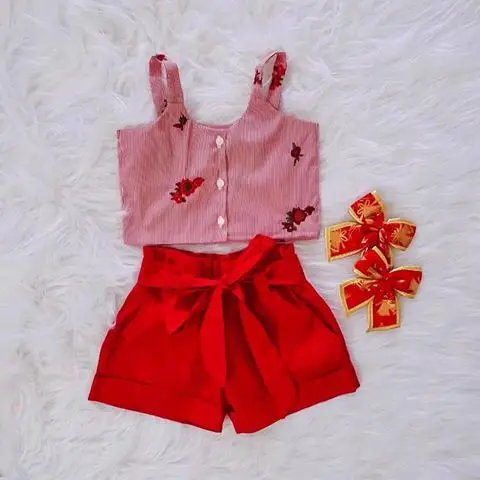 

Fashion Summer New Baby Kid Girl Sleeveless Flower Vest Striped Tops+Bowknot Red Shorts 2PCS Outfit Clothes Set