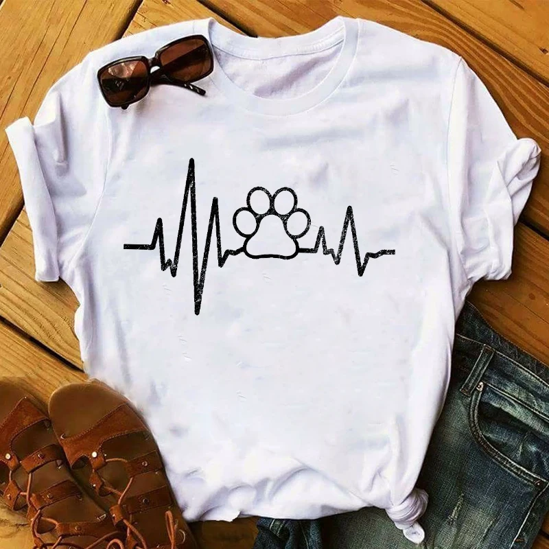 

Dog Paw Heartbeat Graphic Printed Women T-shirt Unisex Summer Fashion Short Sleeve Tshirts Female Casual Cartoon Tops Tee