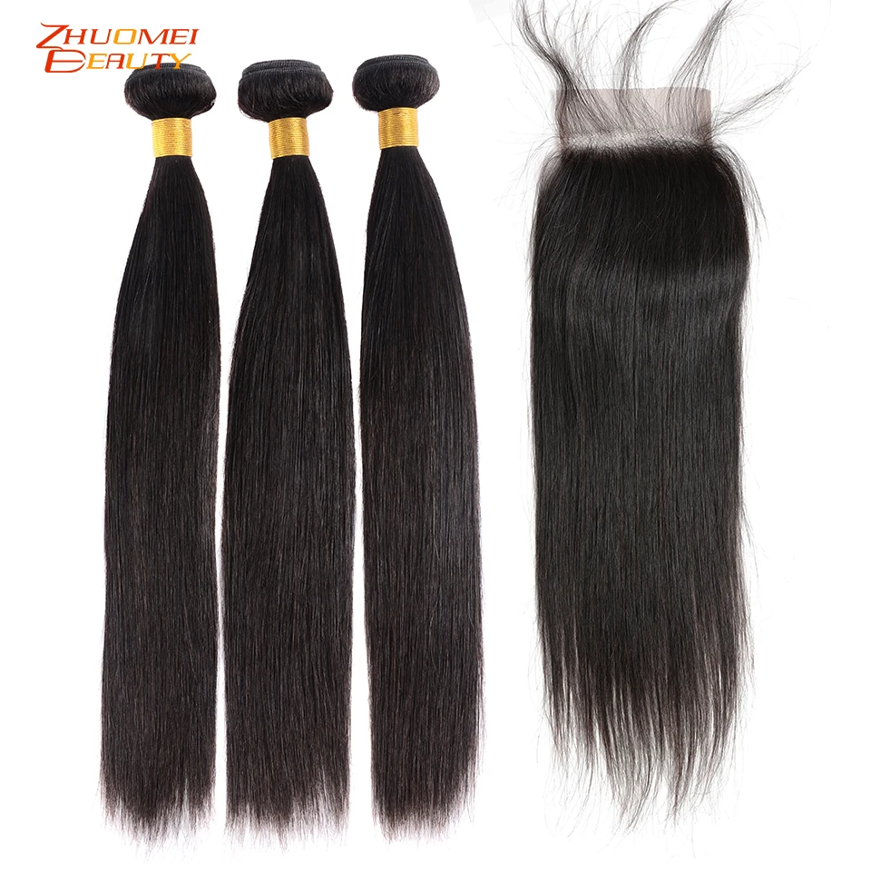 Zhuomei Beauty прямые волосы плетение 3 пучка с закрытием перуанские пучки P Remy