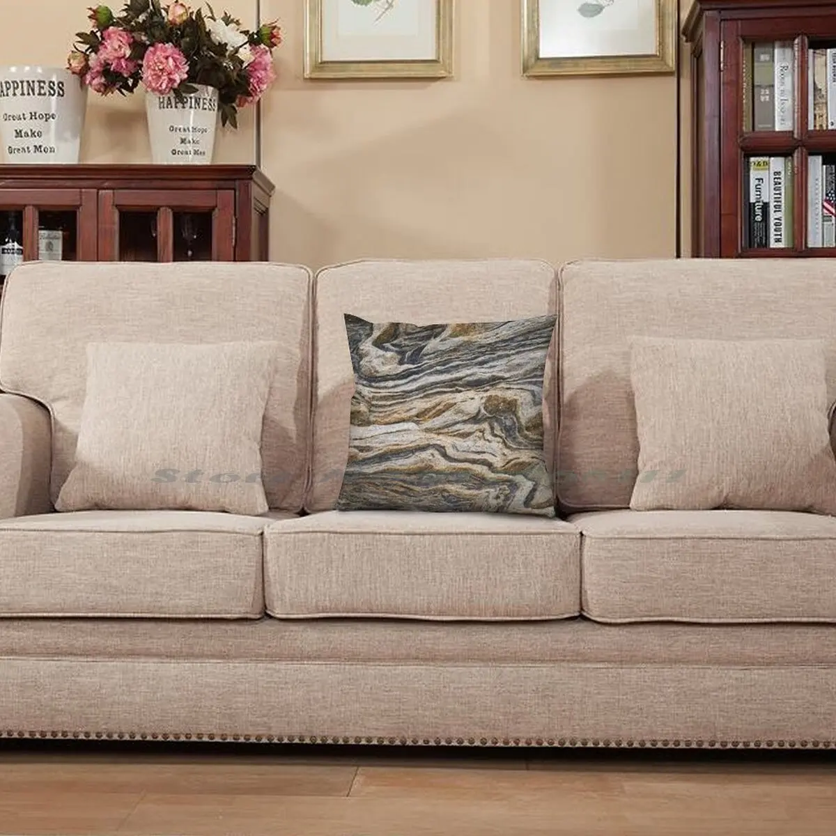 Наволочка-подушка из хлопка и льна с мраморным узором | Дом сад