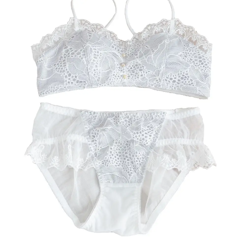 Small Fresh Cotton Undies Lace Sexy Occident French No Steel Ring Underwear Set Women Net Yarn Pearl Sweet Bra&Panties Set Girl
