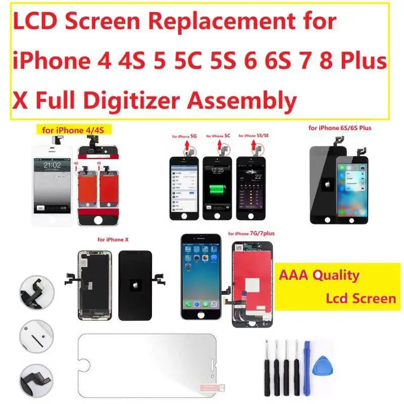 Для iPhone 4 4S 5 5S 5c 6 6s plus Сенсорный экран Замена для без битых пикселей + закаленное