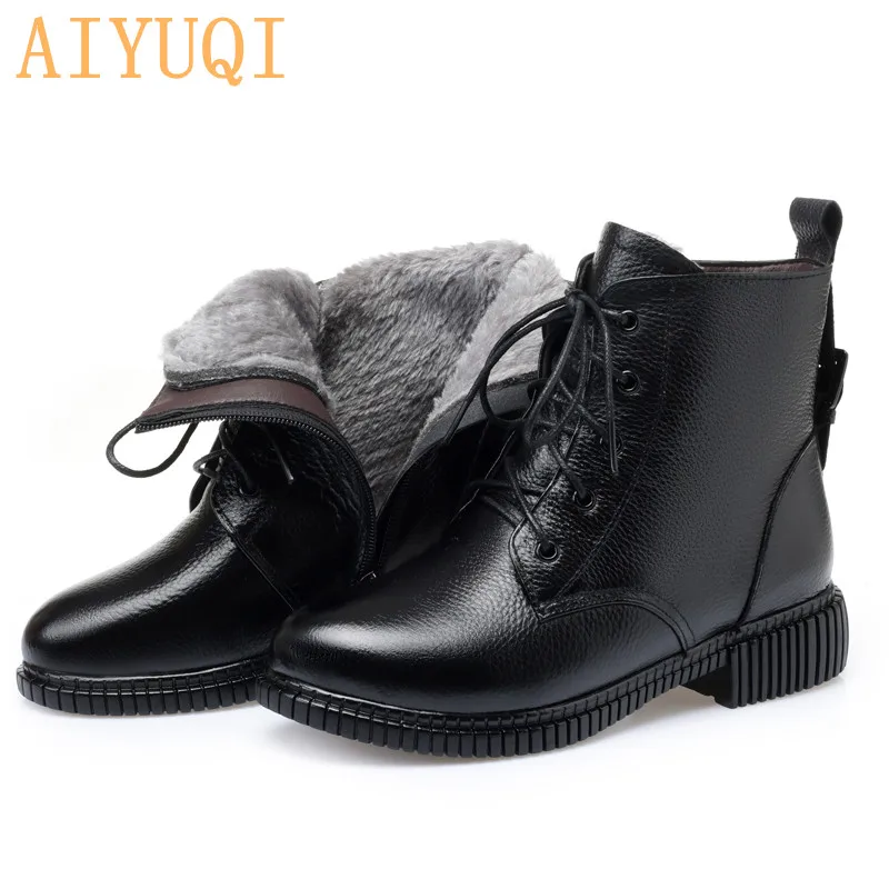 Black fluff Новинка года; женские зимние ботинки из натуральной кожи; зимние ботинки на плоской нескользящей подошве со шнуровкой; шерстяные теплые женские Ботинки martin - Цвет: Black fluff