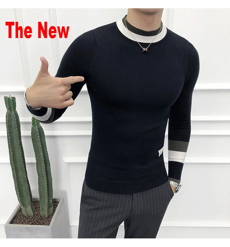 Осенний мужской свитер pull homme Модный повседневный теплый однотонный облегающий мужской вязаный пуловер с круглым вырезом белого и черного цвета