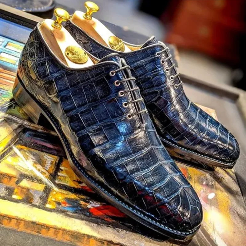 

Men's High-quality PU Classic Crocodile Pattern Pointed Toe Low-heel Lace-up Fashion Trend All-match Business Casual Shoes KA200