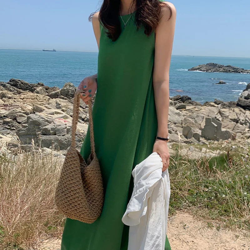 

2021 Новое Женское летнее длинное платье без рукавов, платье на бретелях с круглым вырезом свободное платье с короткими рукавами макси-пулове...