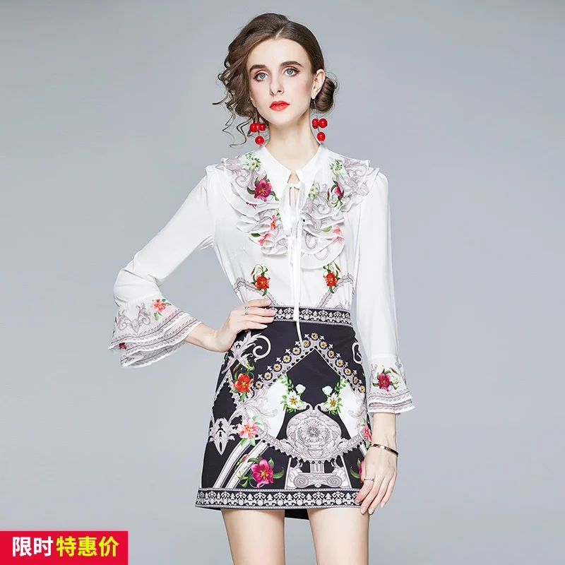 

2021 discount shop mall counter quality women dress lotus leaf side collar horn sleeve shirt printed skirt set