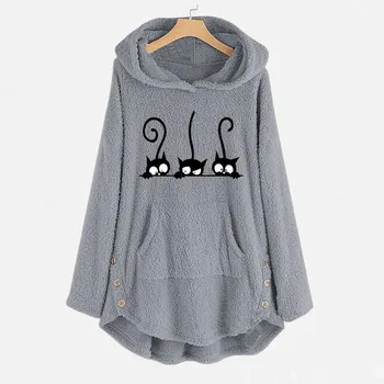 Oversize Hoodie Womens Fleece Teddy Hoodies Cat Print Warm Hooded Pullover Top Sweatshirts Jumper Women Hoodie Sweatshirts 2023 1