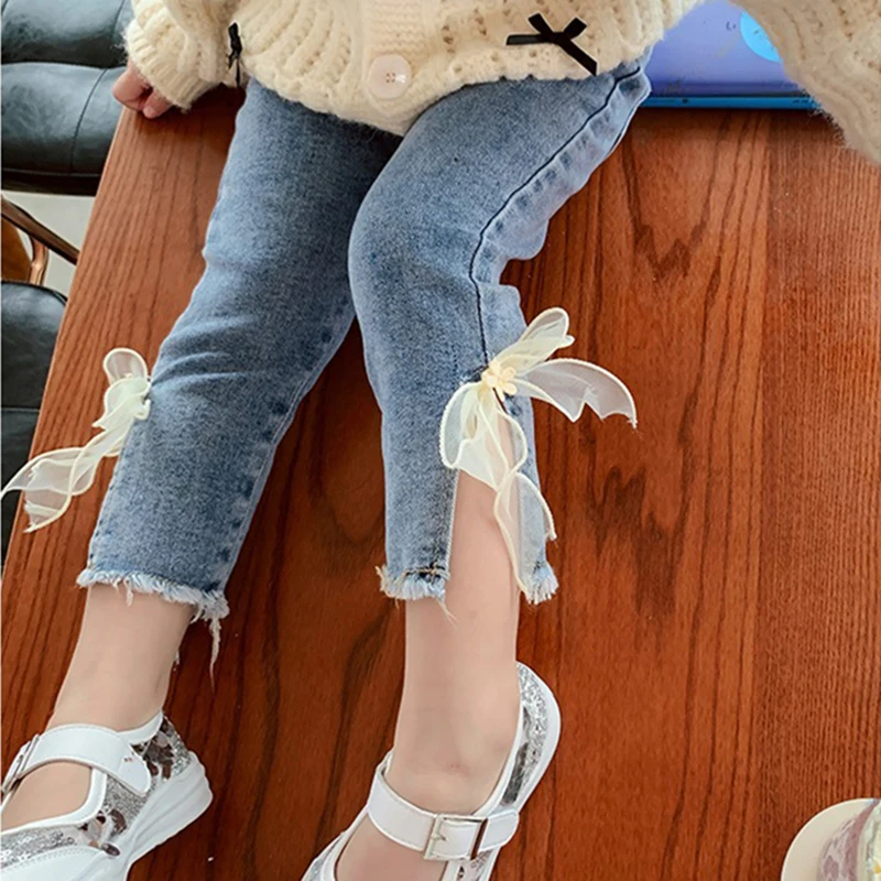 

Jeans For Girls Elegant Bow Cute Denim Pants Sweet Bowknot Stretch Lovely Spring Child Trousers Toddler Kid Baby Steetwear 2-7T