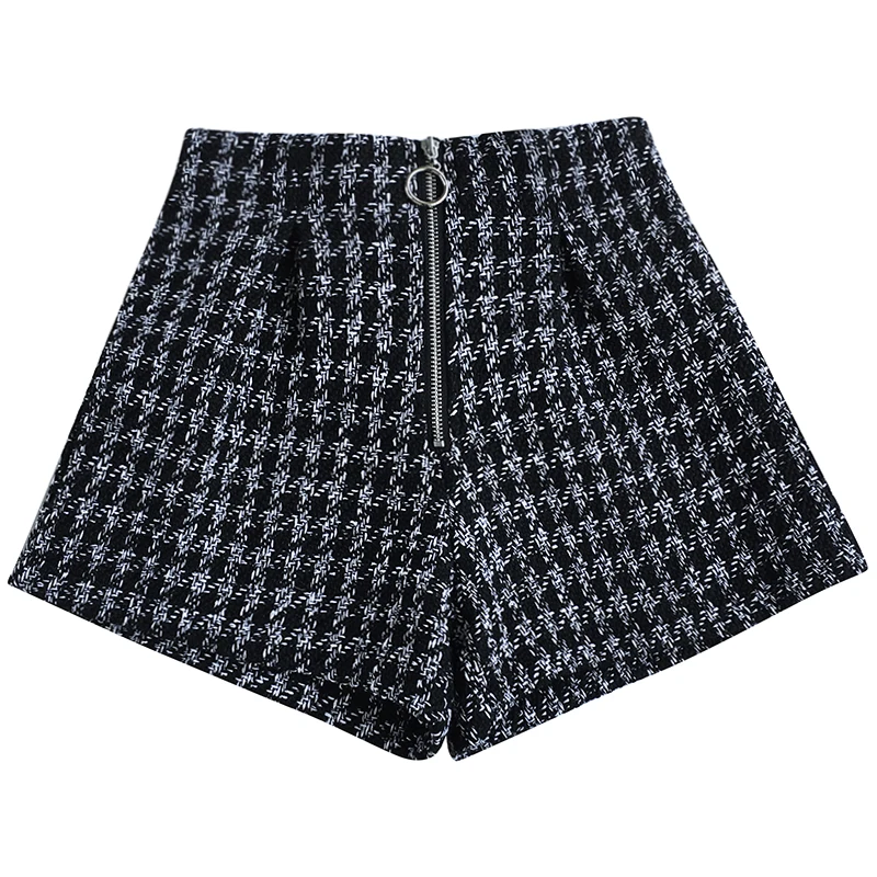 Женские клетчатые шорты MUMUZI черные элегантные зимние с высокой талией на молнии |