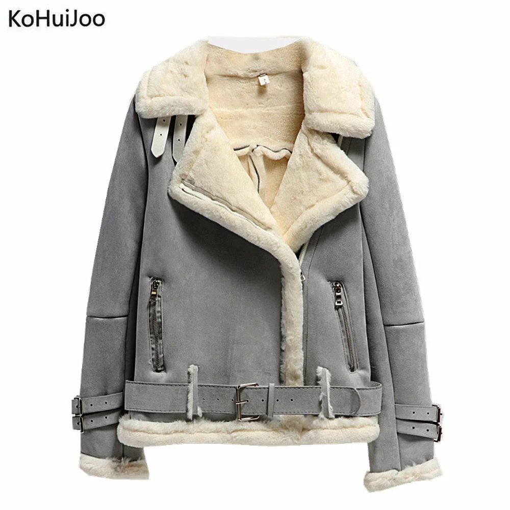 

KoHuiJoo Winter Suede Jacket Women Thick Warm Fashion Zipper Motorcycle Lambs Wool Coat Female Shearling Overcoat