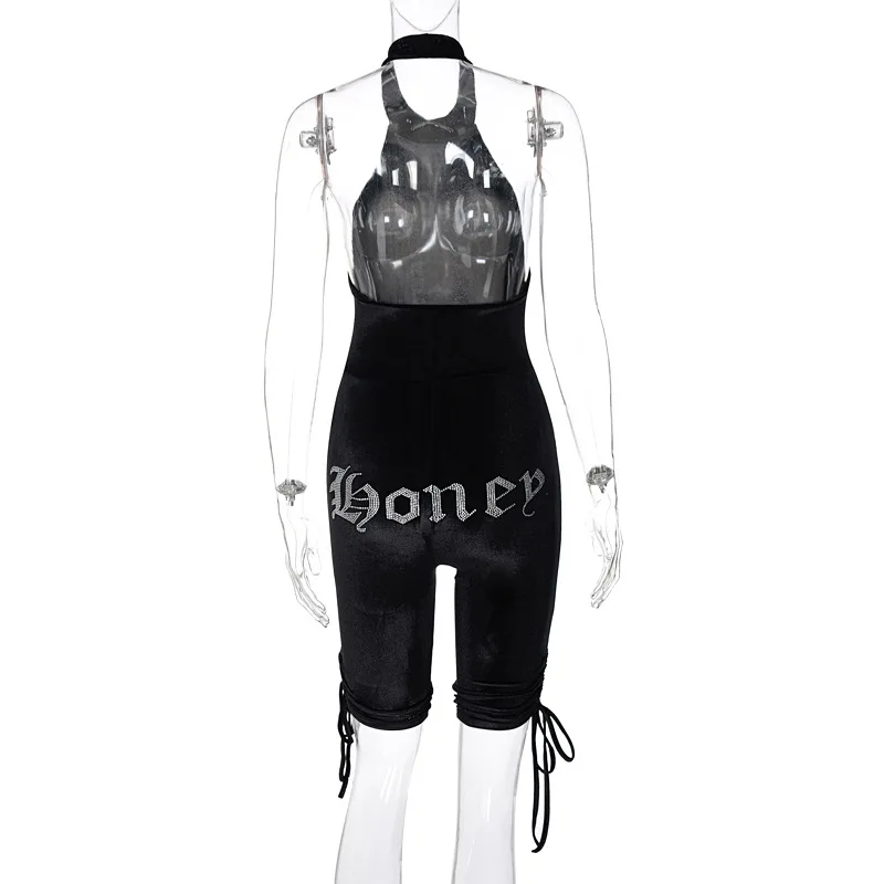 

Fashion sexy backless hollow rope drawing letter hot drill black vest shorts women's jumpsuit summer new 2021
