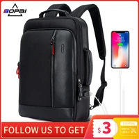 bopai men black leather backpack usb charge bagpack school bags hidden pocket anti theft male laptop backpacking sac a dos
