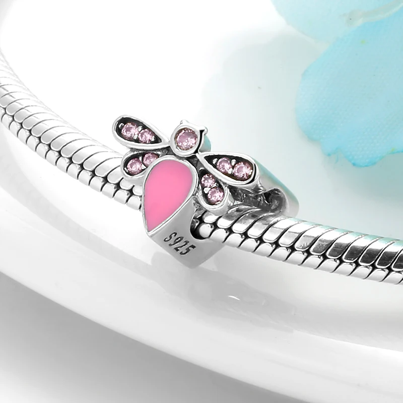 

Hot 925 Sterling Silver Blue Enamel Pink CZ Dragonfly Charm Beads Fit Original Bracelet European for Women DIY Jewelry Making