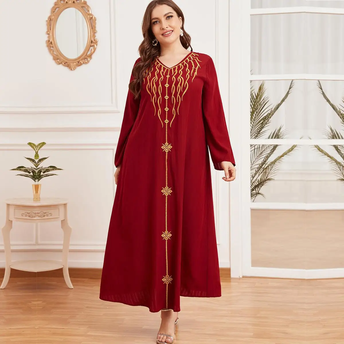 

Plus Size Women Middle East Muslim Autumn Dress Long Sleeve Casual Stitching High Waist Long Skirt Embroidery Dresses 2021 Hit