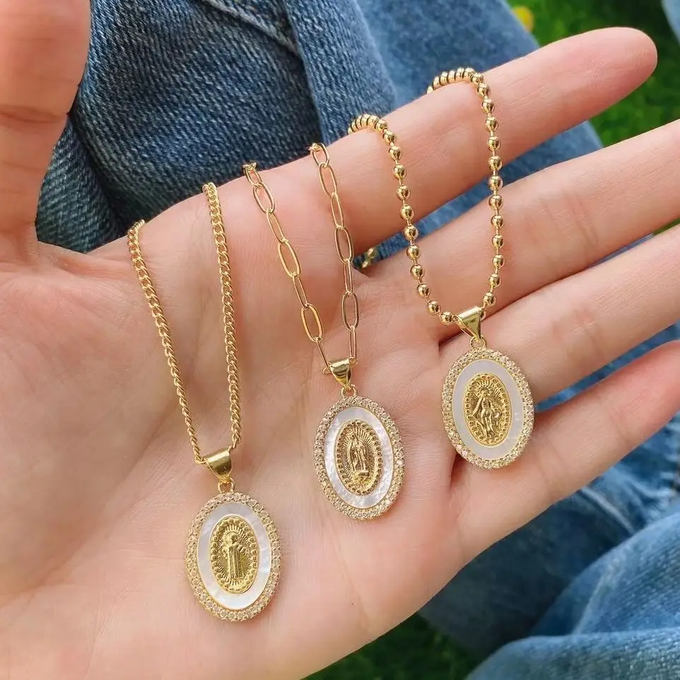 5 uds chapados en oro Jesús Virgen María oval colgante cz collar cubano/clip de papel/Cadena de cuentas de joyería religiosa
