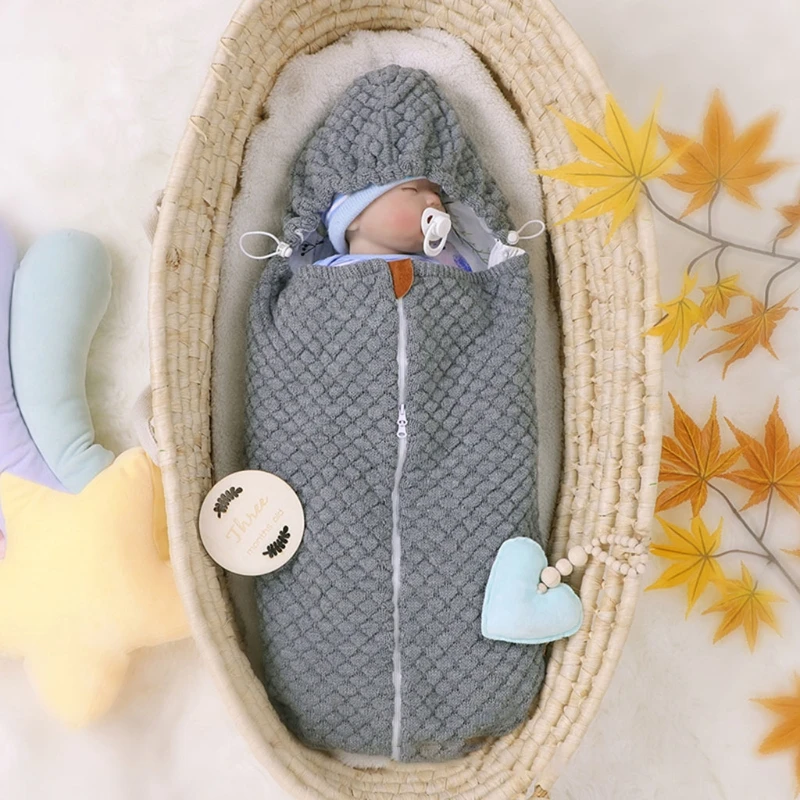 

Baby Hooded Zipper Infant Newborns Swaddle Wrap Stroller Footmuff Sleeping Bag Knitted Envelopes Autumn Winter Sleepsack DXAD