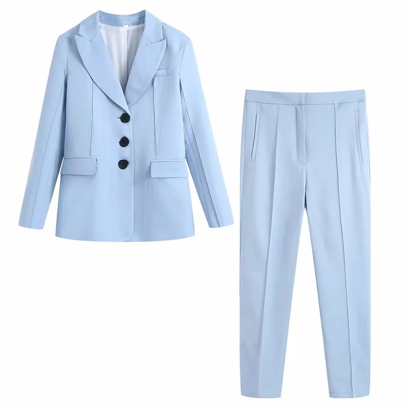 

PSEEWE Za Blazer Set Woman 2 Pieces Chic Blue Woman Blazer Outfit Office Casual Pants Women's Elegant Suit Pants And Jacket