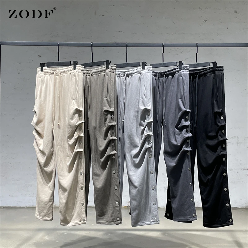 

ZODF Brand New Men Side Buttons Cotton Sweatpants Solid Loose High Street Unisex Autumn Soprt Trousers Pants Streetwears HY0229