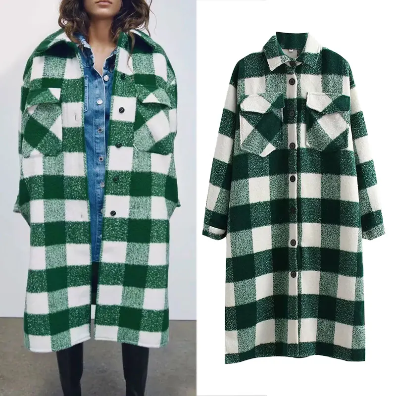 

Женская клетчатая куртка Za, винтажная стильная длинная куртка большого размера с карманами, повседневные теплые шикарные топы, Осень-зима ...
