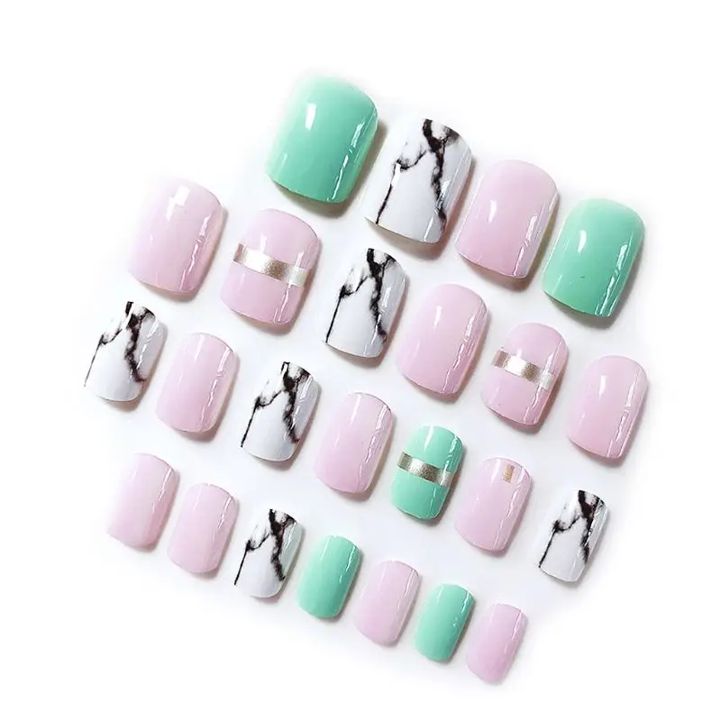 

24pcs Marble Grain Fake Finger Nails Shiny Artificial False Full Cover Nail Art Tips