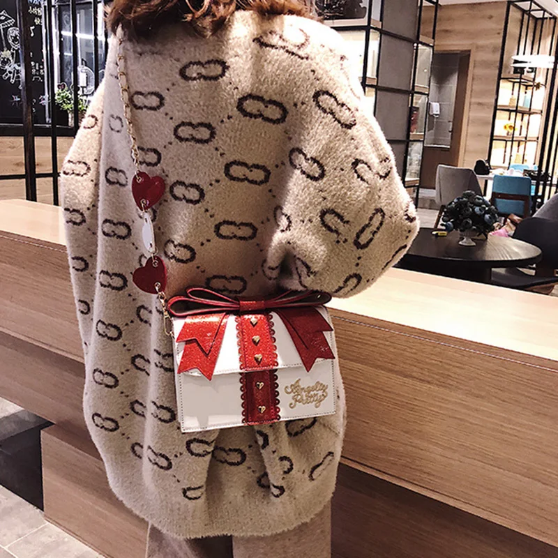 Женская сумка через плечо квадратная из искусственной кожи с цепочкой и бантом