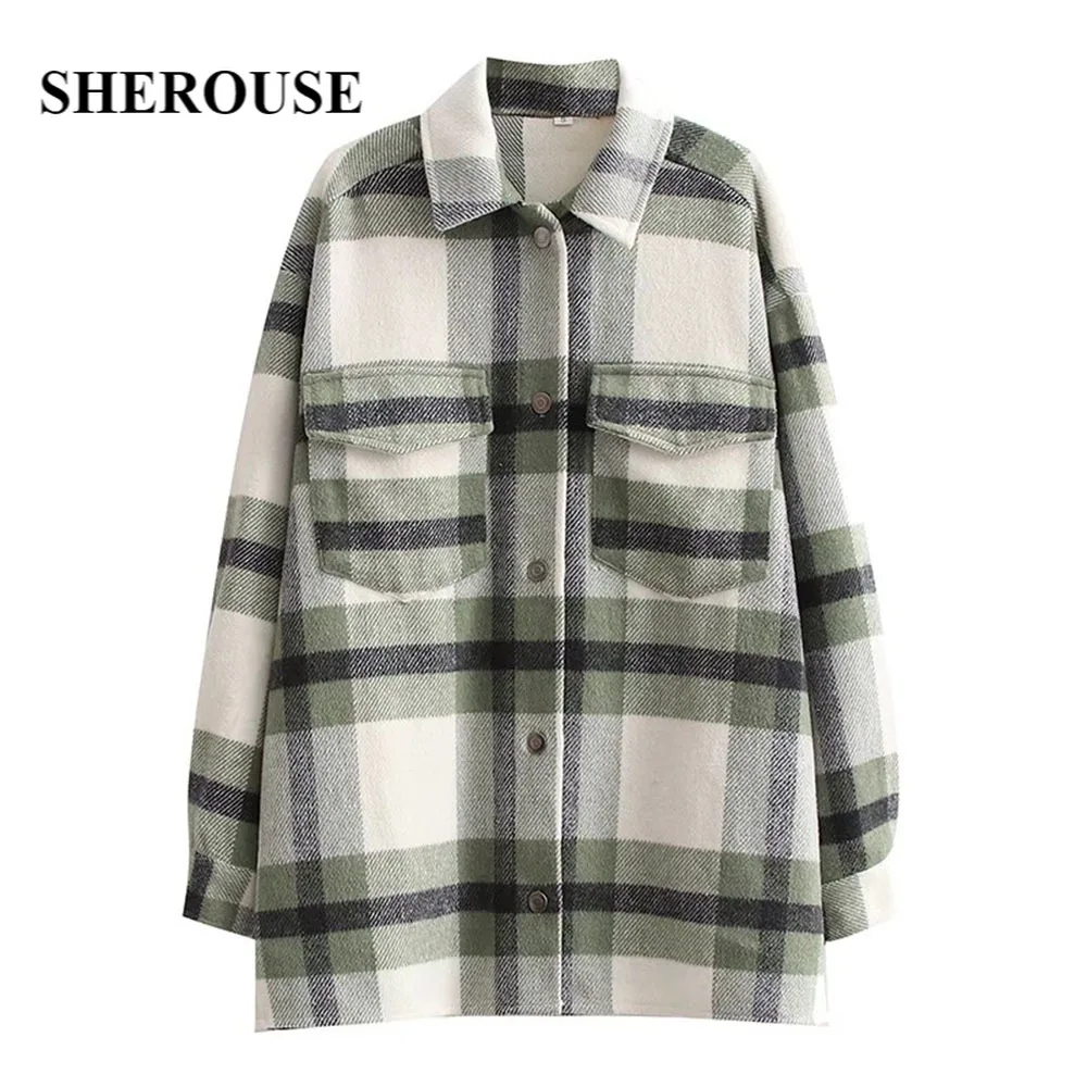 

Sherouse Fall Winter Women Fashion Checkered Jacket Long Sleeves Lapel Collar Single breasted Vintage Woman Warm Coat Outfit