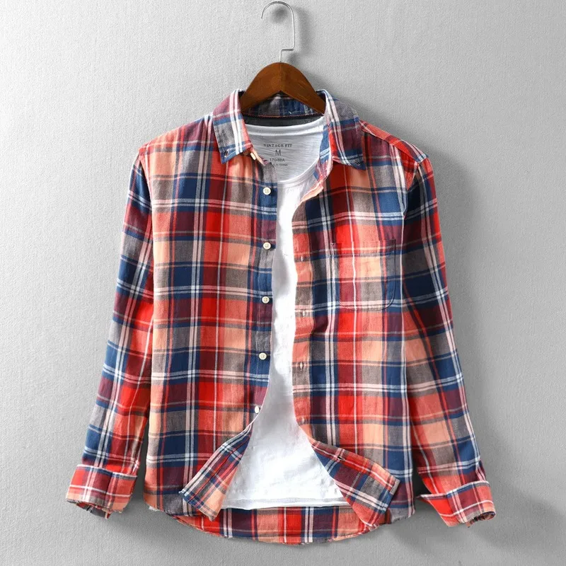 

Mens Dress Shirts 2021 Autumn and Winter New Linen Plaid Shirt Men's Retro Casual Lapel Youth Cotton Linen Long-sleeved Shirt