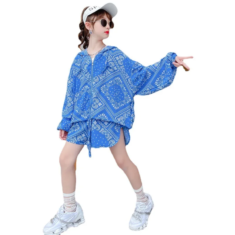 

girls foreign style sun protection suit children 2021 new Chinese blue and white porcelain sun protection suit two-piece