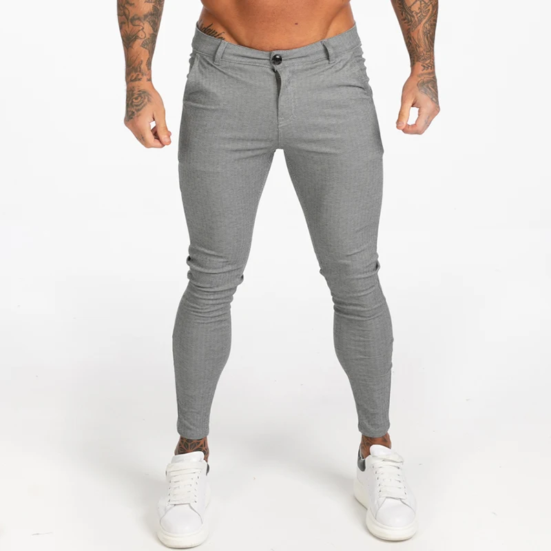 grey GINGTTO 2019AW Для мужчин s Чино Slim Fit хаки Брюки Чинос Для мужчин эластичные штаны Повседневное ботильоны плотное прилегание уличный стиль zm376 - Цвет: grey