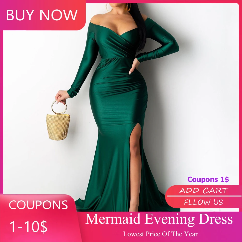 Sexy Nightclub Green Evening Dress Solid Color High Slit Long Female Dresses Autumn Winter Elegant Mermaid Party | Свадьбы и