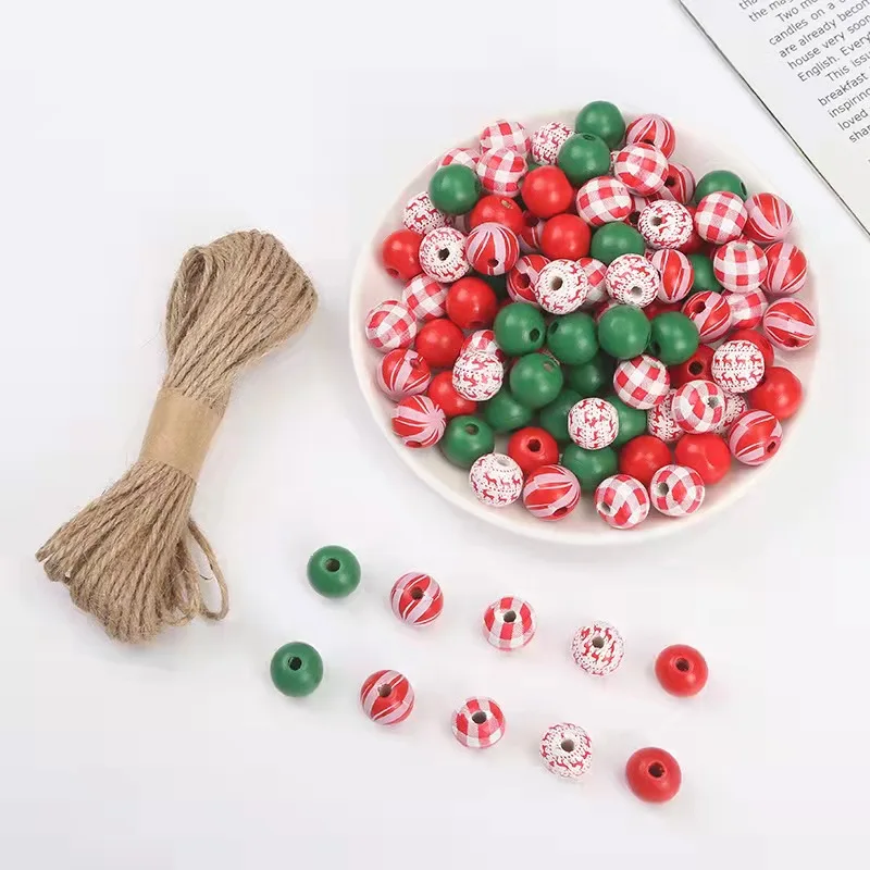 

200Pcs Color Printing Wooden Beads Set Winter Christmas DIY Wreath Party Decoration Custom Crafts Bracelet Jewelry Accessories