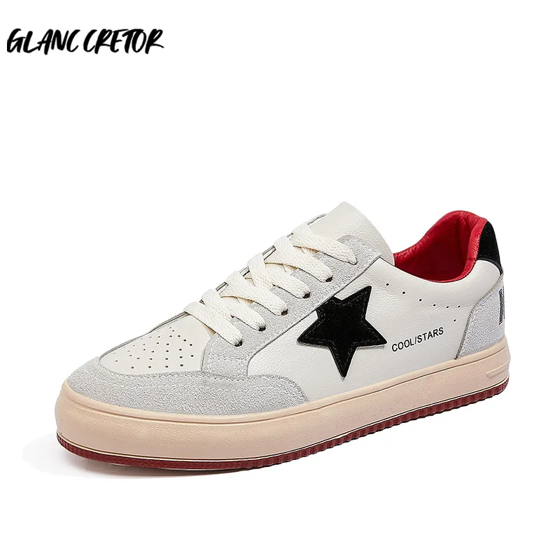 

Женские кожаные кроссовки со звездами, Белые Повседневные кроссовки на плоской вулканизированной подошве, брендовые дизайнерские кеды, мо...