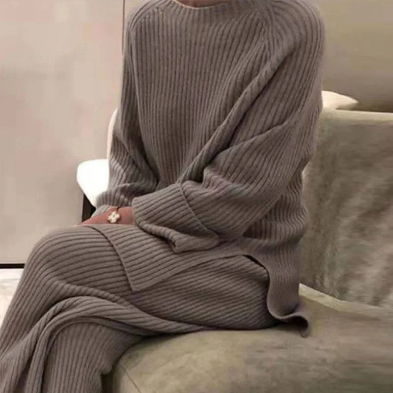 

Fashion Women Soft Homewear 2 Piece Set Elegant O Neck Pullover Tops And Knitted Pants Solid Autumn Winter Lady Pajama Home Suit