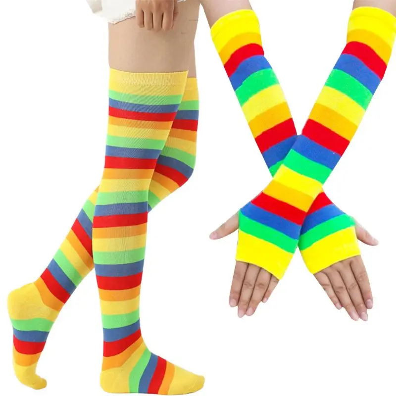 

Womens Rainbow Stripes Over Knee Thigh High Socks Arm Warmer Fingerless Gloves Set Fancy Dress Cosplay Masquerade Party Costume