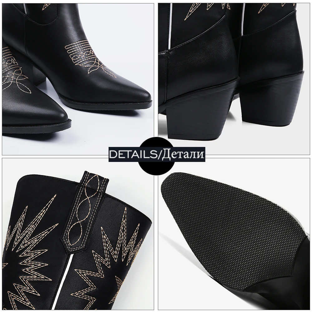 

WETKISS Fashion Embroidery Western Boots Ankle Women Pointed Toe Cuban Heels Short Booties Ladies Thick High Heels Shoes Woman