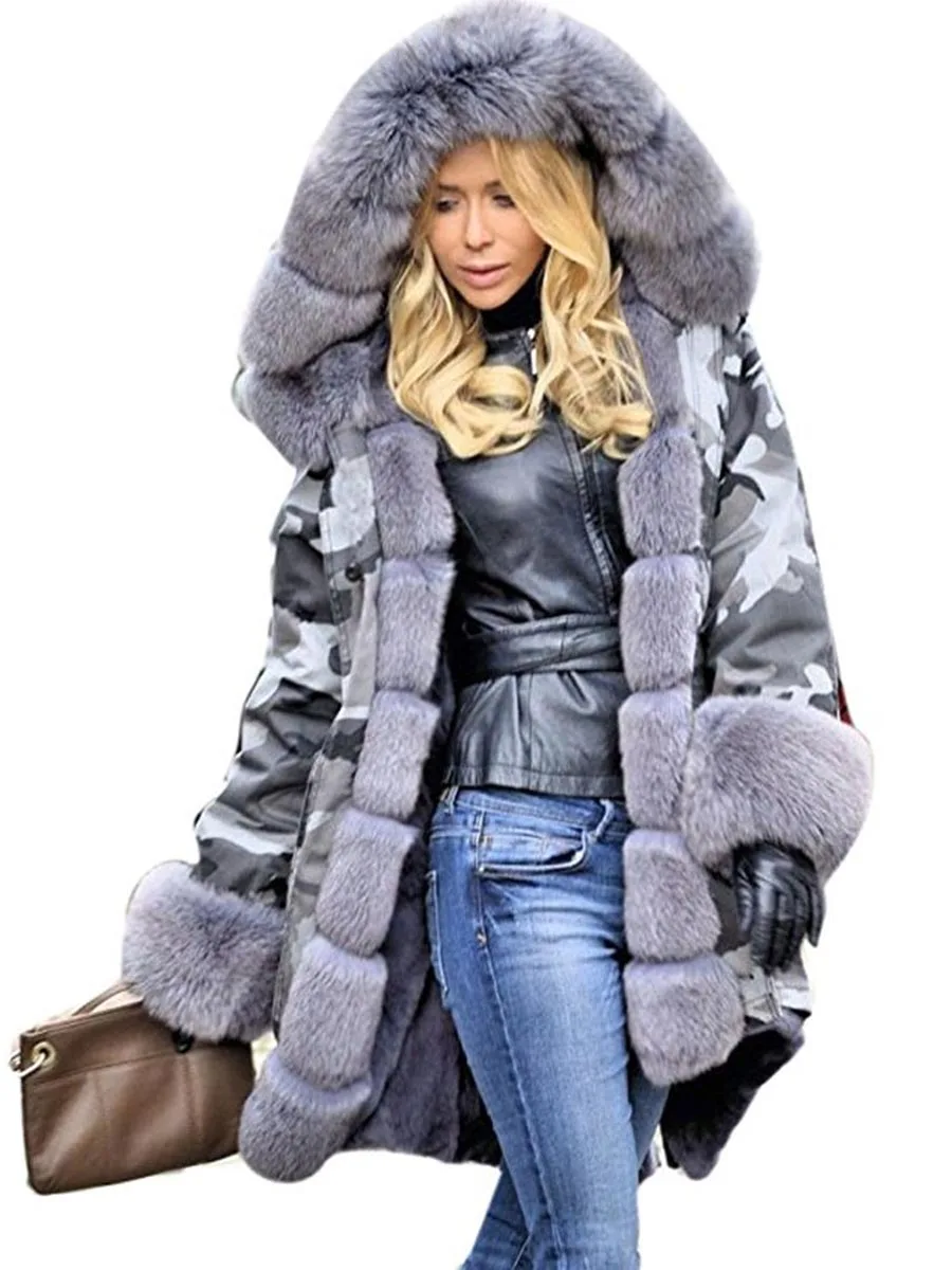 

Camouflage Jacket Coat Women Parkas Oversize 3XL Hooded Warm Long Coats Plus Size Outwear Faux Fur Winter 2021 Collar Overcoat