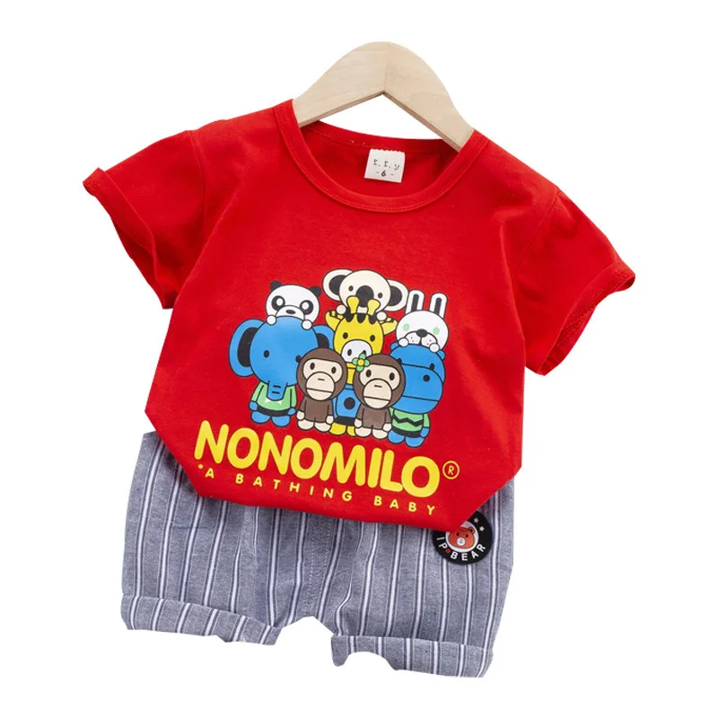 

Летняя детская одежда с коротким рукавом для мальчиков и девочек хлопковые комплекты одежды для детей мультяшный зоопарк два комплекта оде...