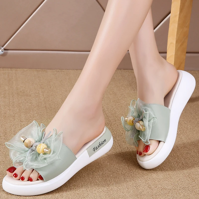 

Summer Ladies' Beach Slippers Luxury Leather Women's Wedges Platform Shoes Upper Have Flower Slippers For Women Water Height 3cm
