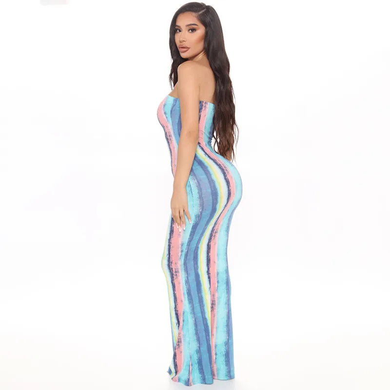 

Sexy Bodycon long dress Women Summer Sleeveless Off Shoulder Strapless dress Tie Dye Printed Vintage Party Night Club Dresses