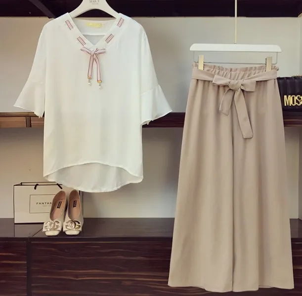 Размера плюс штаны костюм 2021 новинка Стильная летняя женская футболка с бантом