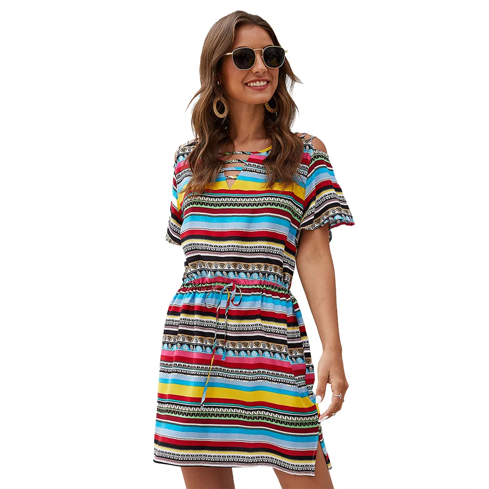 

New summer women wear casual short sleeved o - collar striped sheath dresses women rainbow dresses
