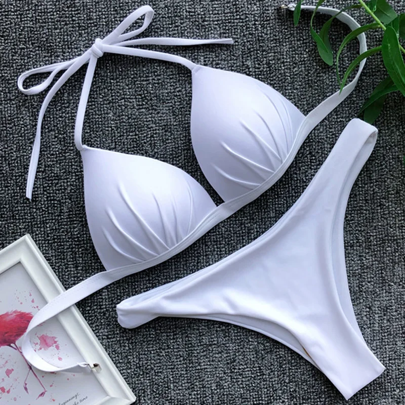 

2021 Halter Bra Cup Bikini Sexy Swimsuit Female White Swimwear Women Push up Bikini set Brazilian Bathing Suit Bandeau Swim suit
