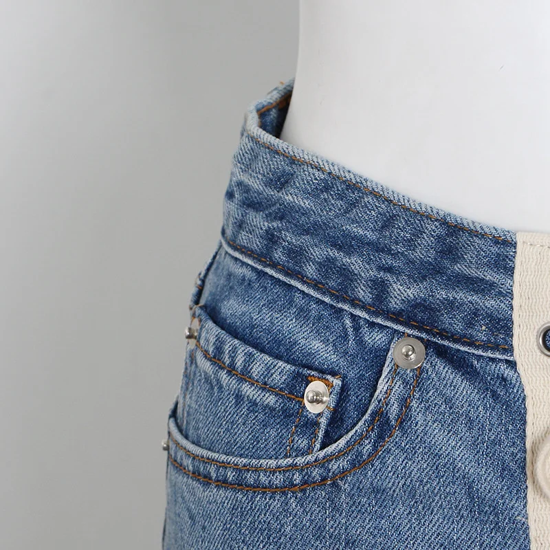 

DEAT 2021 Women's Blue Fashion Bandage Patchwork Pockets High Waist Hole Bow Wear Button Fly Straight Shorts Summer 7E999