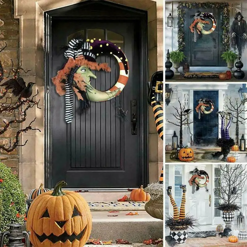 

1PC Halloween Wreath Wonderful Witch Moon Wreath Ornament Wreath Artificial Decorations Moon Maple Leaf Door And Window Pendant