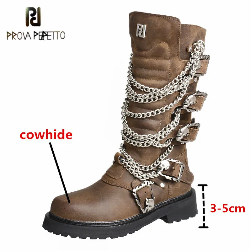 

Prova Perfetto High Quality Genuine Leather Women's Mid-calf Boots Solid Color Retro Metal Decoration Rivet Platform Lady Boots