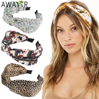 awaytr fashion printing leopard headband wide cross women hairband elastic bow hair hoop bands bezel knot girls hair accessories